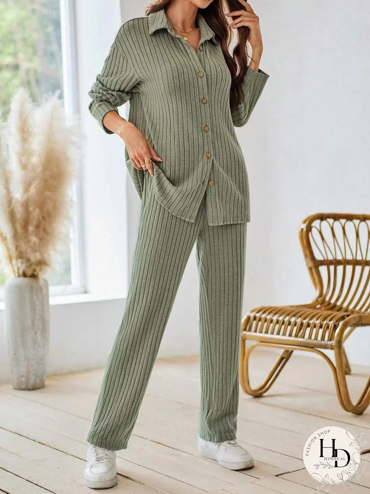 2pcs Women Solid Color Dropped Shoulder Long Sleeve Ribbed Button-Up Top And Pants Casual Set, Spring Summer