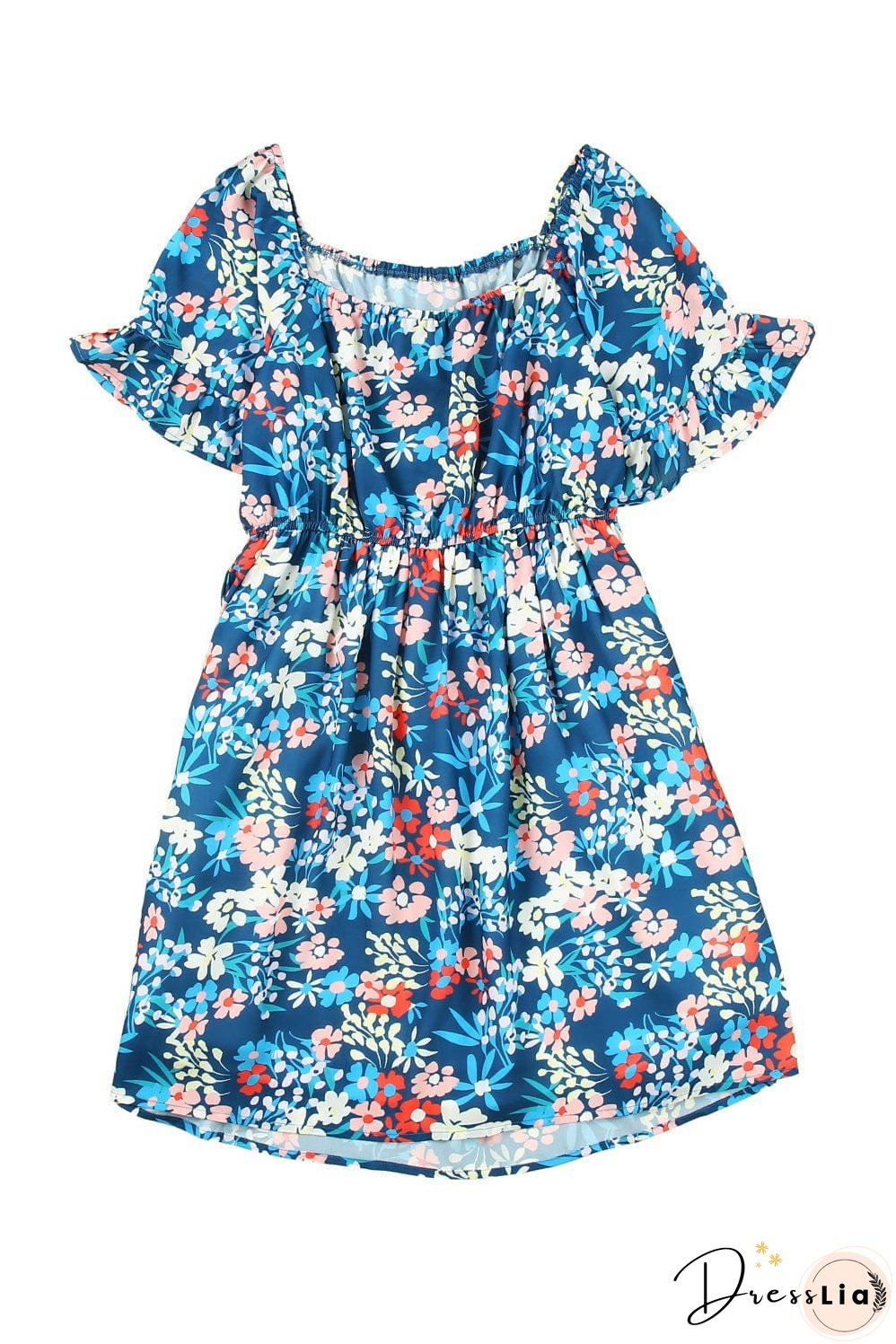 Blue Floral Ruffle Mini Dress with Square Neck