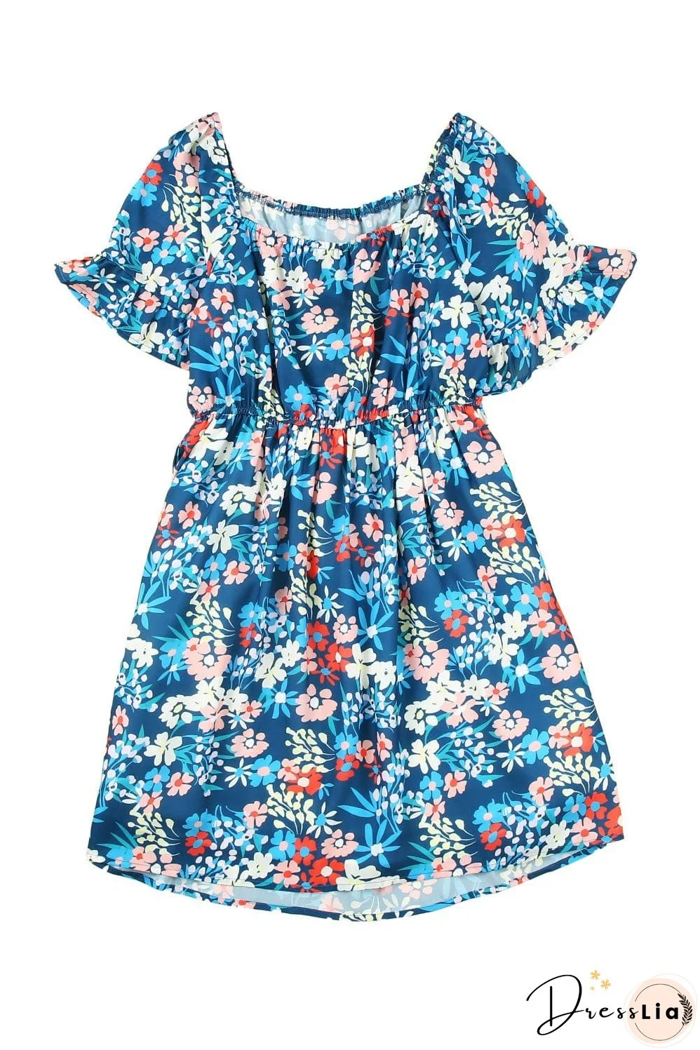 Blue Floral Ruffle Mini Dress with Square Neck