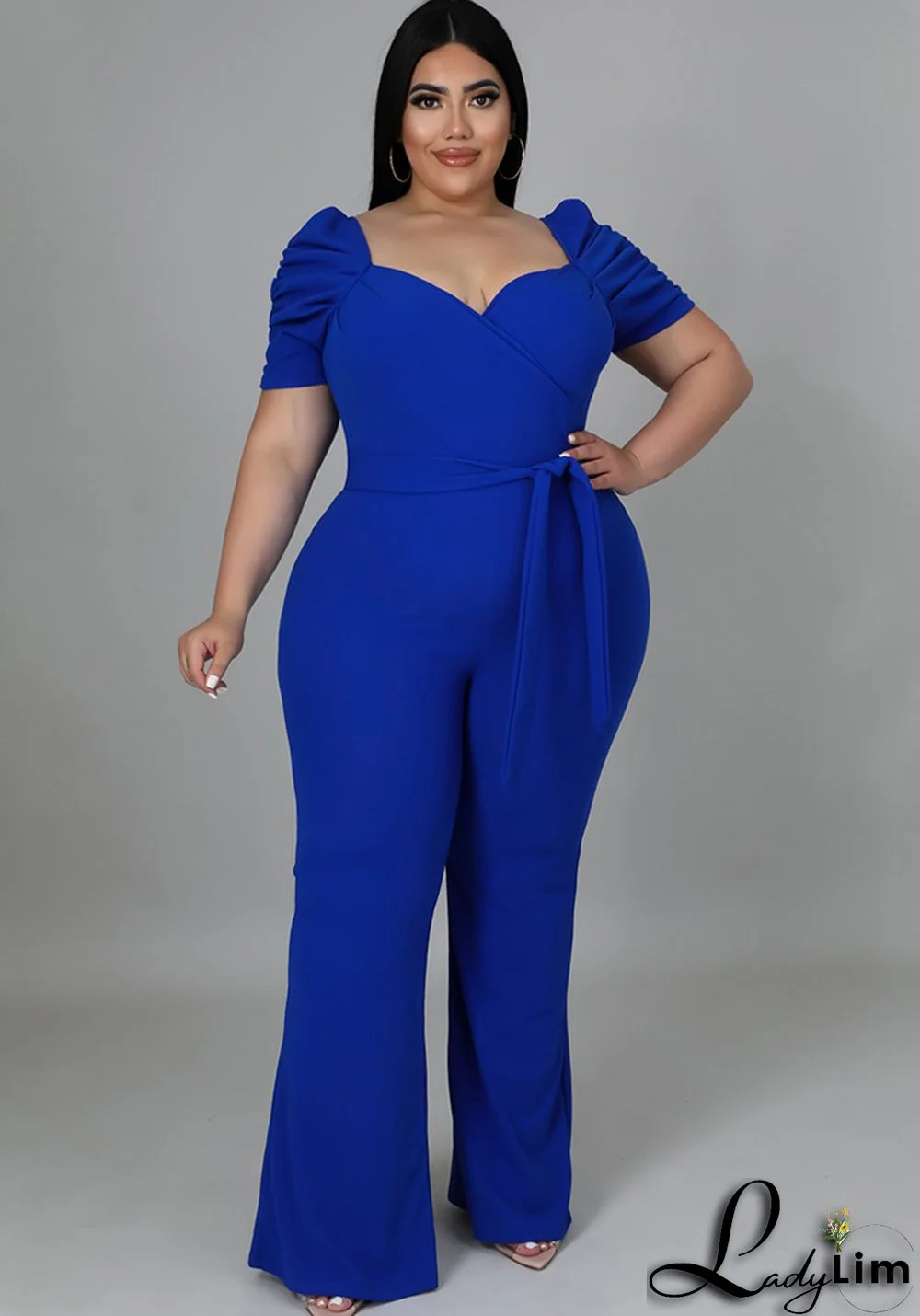 Women Summer Blue Formal Sweetheart Neck Short Sleeves Solid Belted Full Length Regular Plus Size Jumpsuit