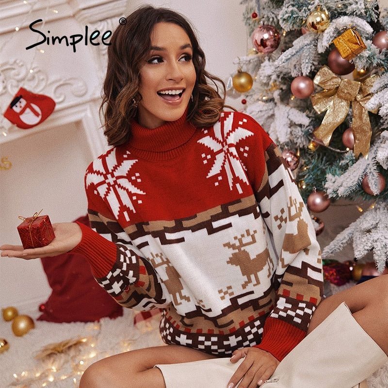 Simplee Christmas turtleneck autumn winter sweater women Vintage long sleeve animal female pullover red Fashion lady jumper 2021