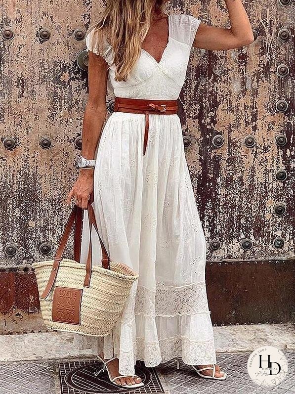 Elegant V-neck Lace Stitching Belt Long Dress
