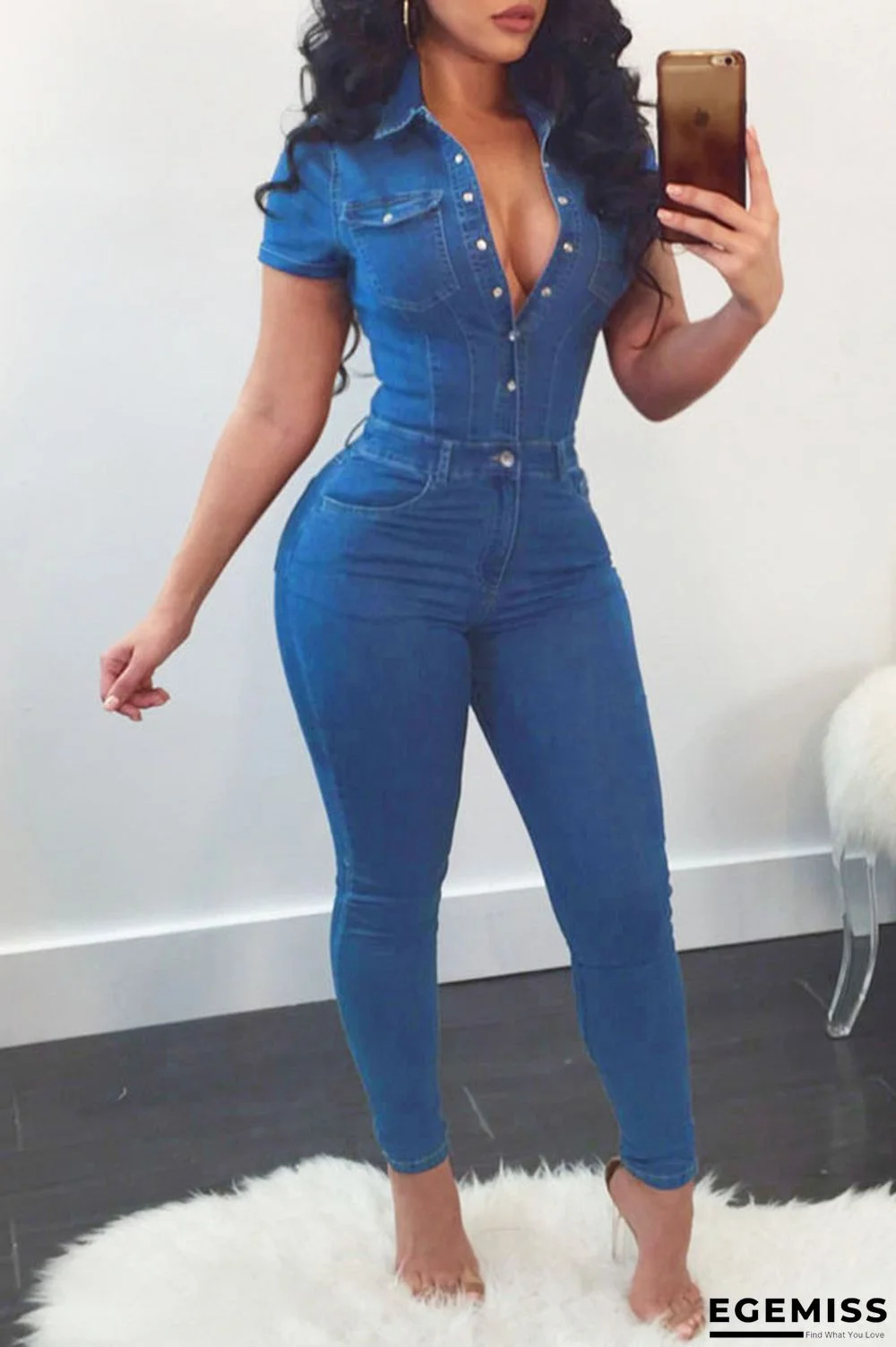 Blue Fashion Sexy Casual Old washing Short Sleeve V Neck Jumpsuits | EGEMISS