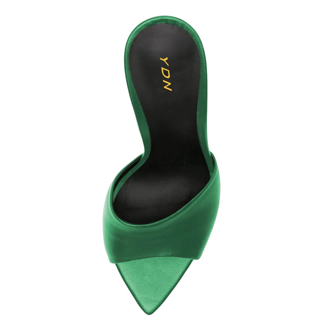 Green Vegan Leather Open Toe Clear Flared Heel Mules Sandals