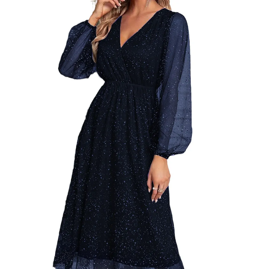 Churchf Churchf New V-Collar Elegant Slim Solid Color Stitching Mesh Perspective Sprinkling Powder Dress Female
