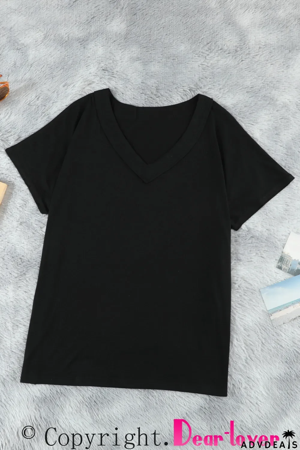 Black Oversized Mineral Wash Cotton Blend V Neck Short Sleeves Top