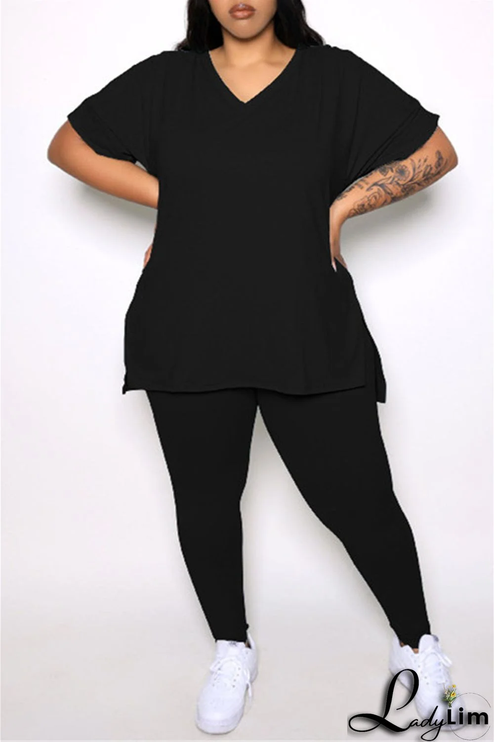 Black Fashion Casual Solid Slit V Neck Plus Size Two Pieces