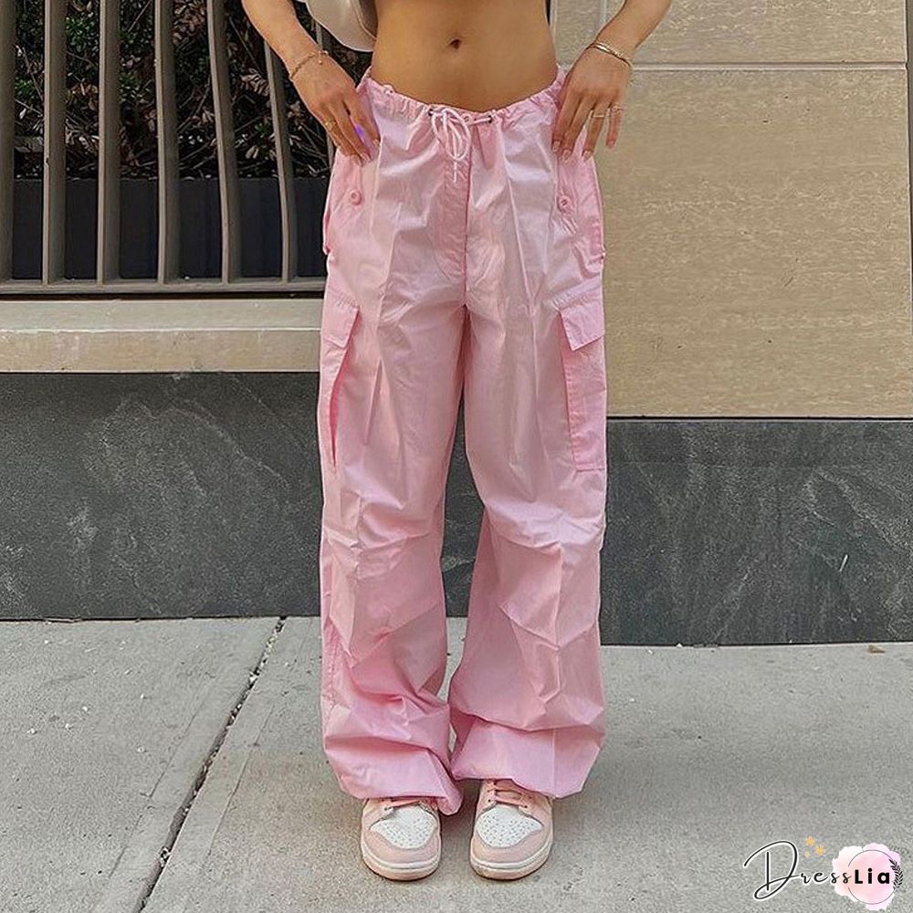 Pink Blue Patchwork Pockets High Waisted Fashion Long Pants