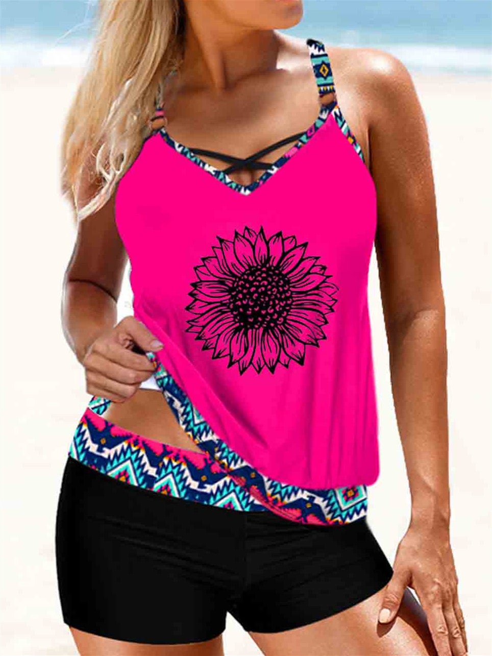 Plus Size Swimwear Sleeveless Floral Printed Tankini