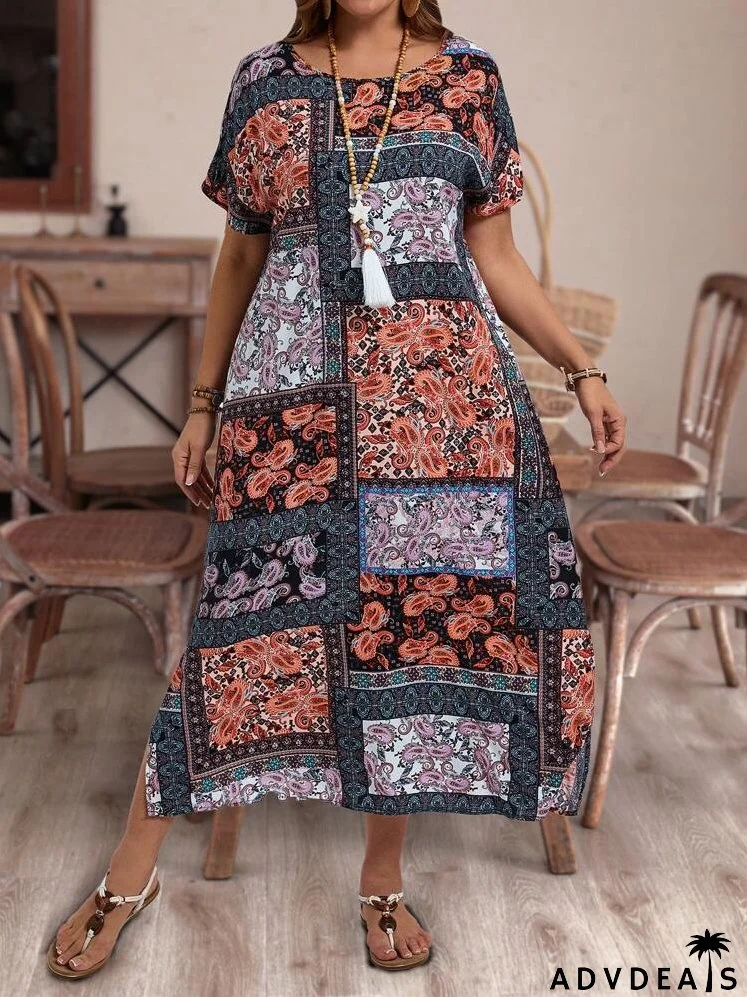 Plus Size Women's Vacation Style Patchwork Floral Print Side Slit Loose Long Beach Dress