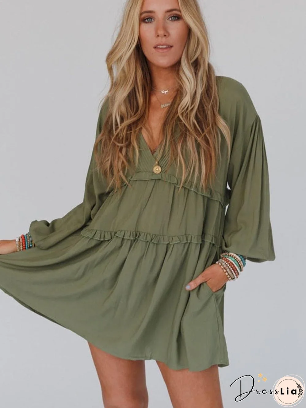 Enchanting Green Puff Sleeve Tiered Frill Mini Dress