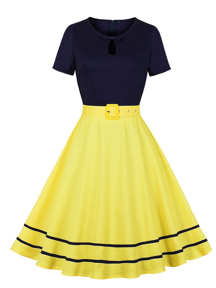 Mayoulove 1950s Dress Vintage O-Neck Hollow Out Color Block Belted Swing Dresses-Mayoulove