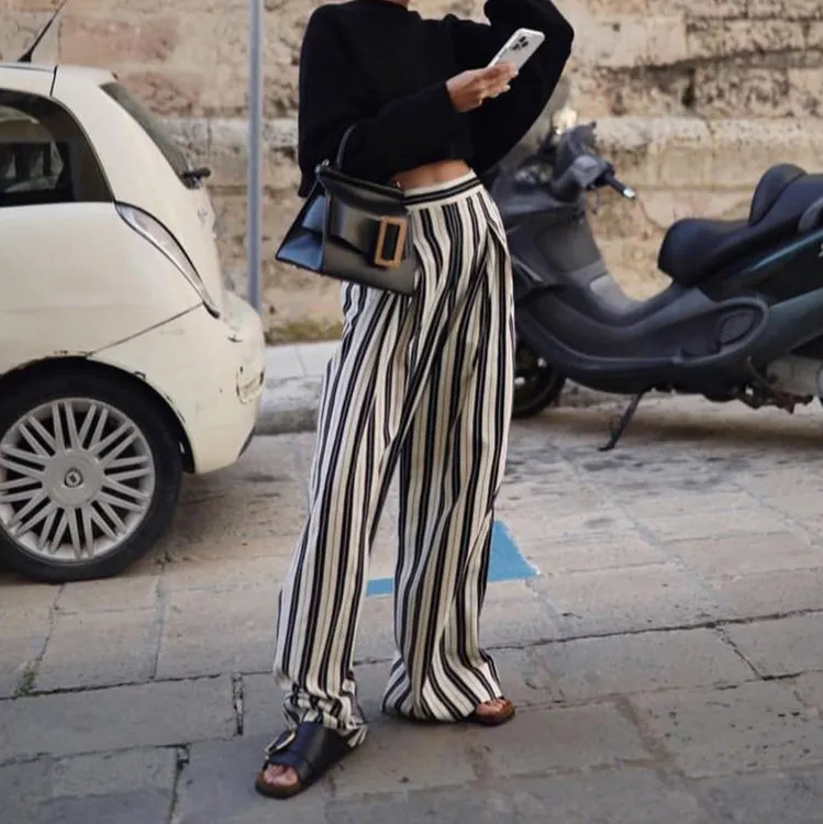 Churchf Churchf Women's Black And White Striped Wide Leg Pants 2023 New Casual Show Thin High Waist Loose Hanging Floor Pants Women
