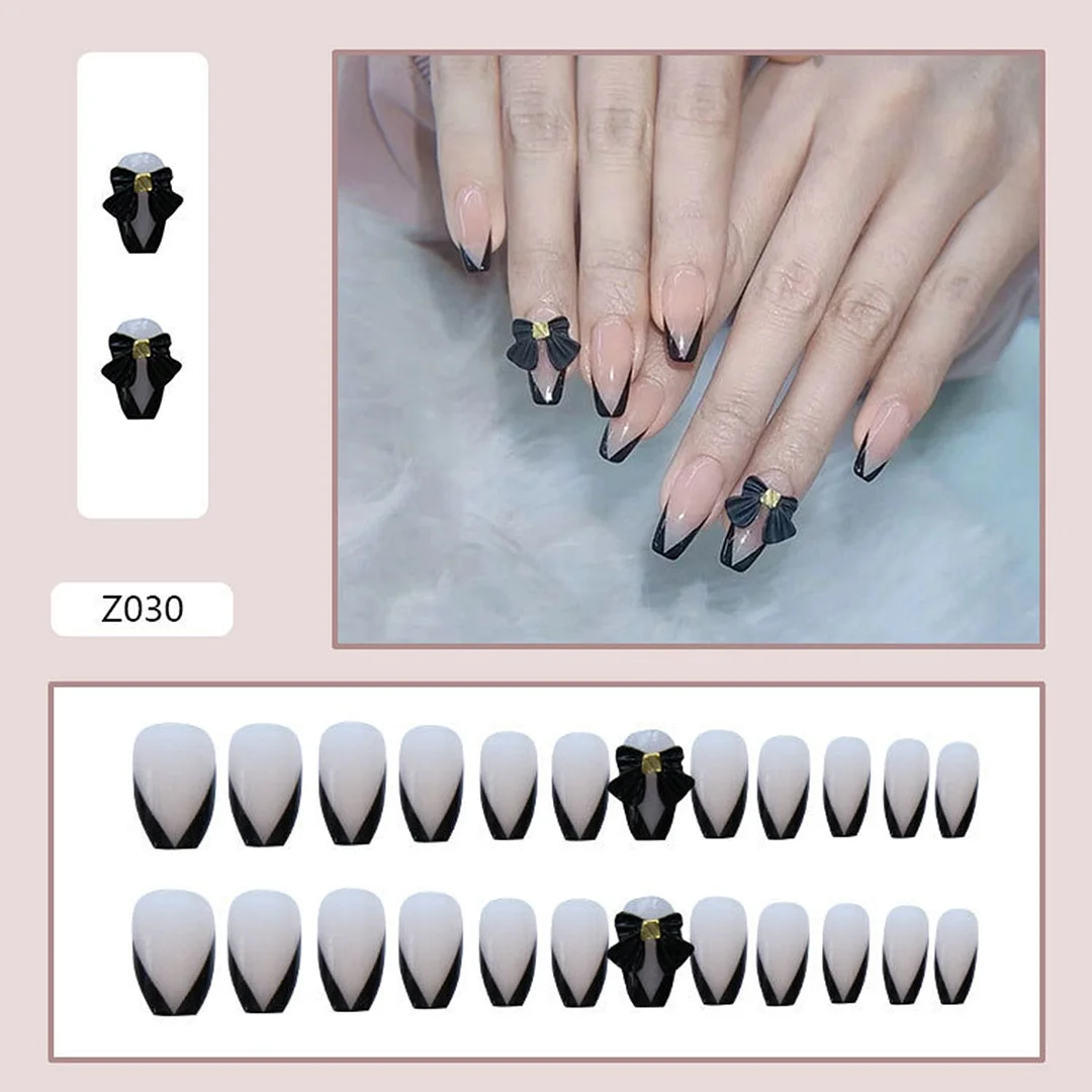 24Pcs Detachable Butterfly Rhinestone French Ballerina False Nails Artificial Coffin Full Cover Fake Nails With Glue Manicure-Nail Inspo