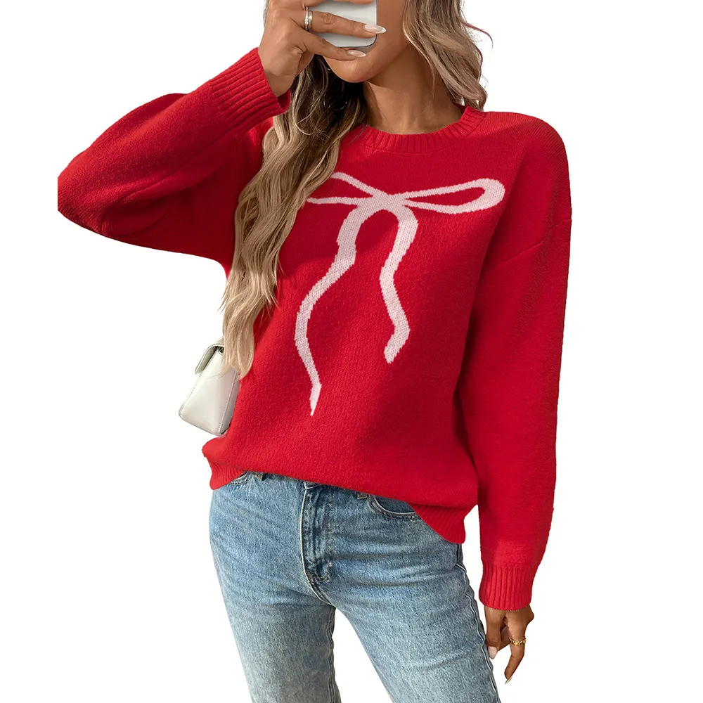 Women Crew Neck Bow Print Sweater