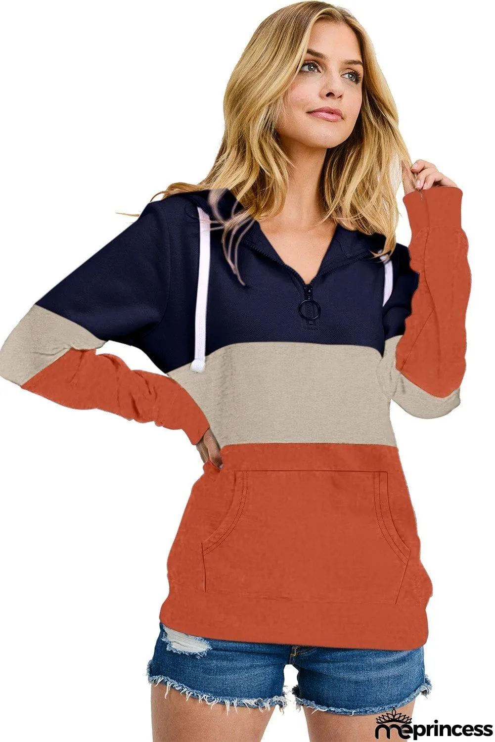 Color Block Zipped Neck Hoodie