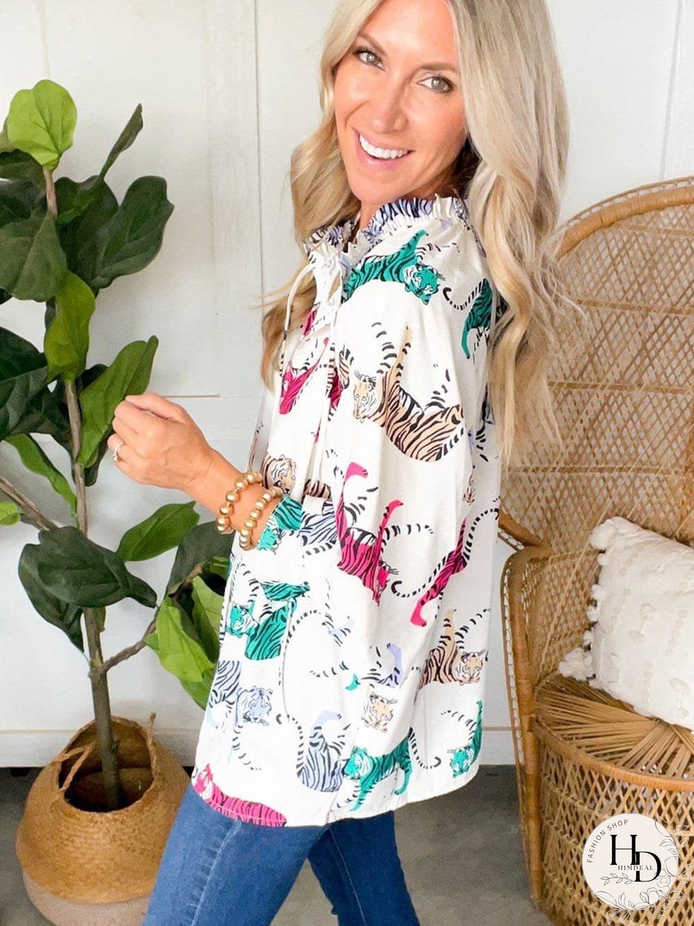 White Background Tiger Print Blouse
