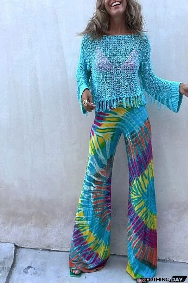 Happy Journey Tie-dye Print High Waist Stretch Flare Pants