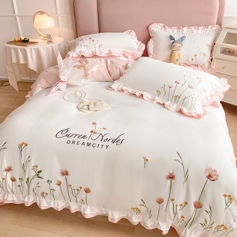 Korean Ins Cute Bedding Set Ruffle Pillowcase Cotton Flat Bed Sheets Queen  Size Simple Girl Princess Style Fitted …