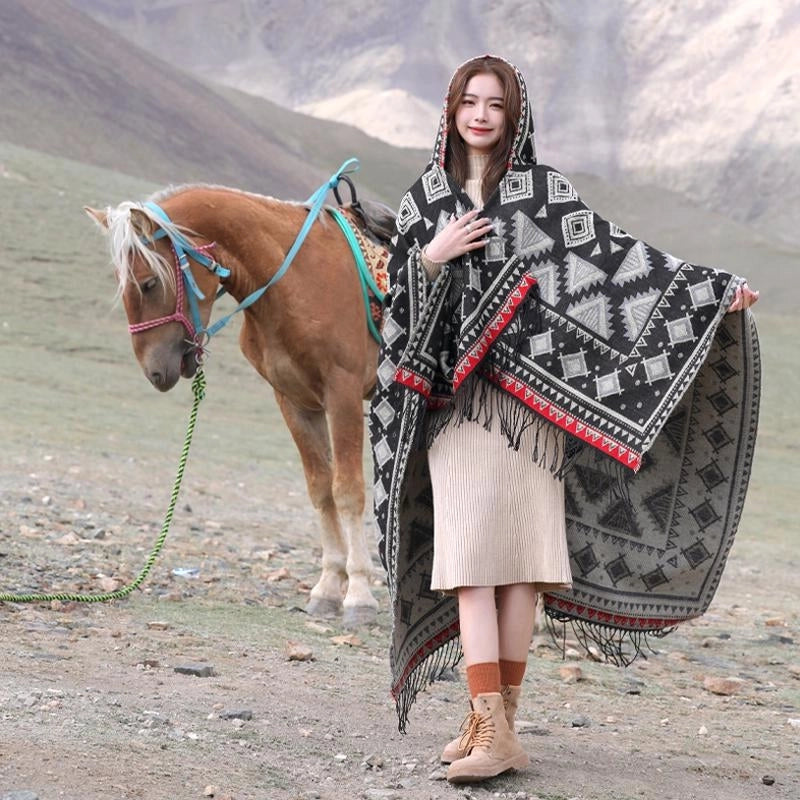 Ethnic Style Hooded Shawl Cloak Lijiang Xinjiang Tibet Northwest Tourism Wear Photograph Warm Outer Cape