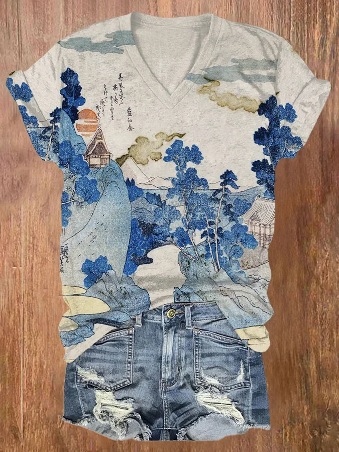 Women's Landscape Art Print Casual V Neck T-Shirt