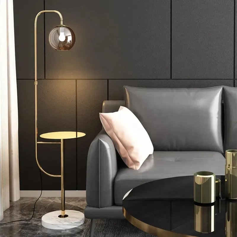 Minimalist Tray Table Floor Lamp with Metal Base & Glass Shade