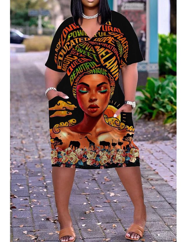 African Tribal Girl Print Plus Size V Neck Mid Sleeve Dress