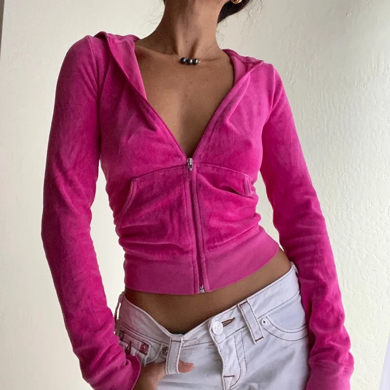 Rapcopter Velvet Solid Jackets Aesthetic Pockets Hooded Coat Long Sleeve Slim Cropped Outwear Autumn Winter Women Outerwear Chic