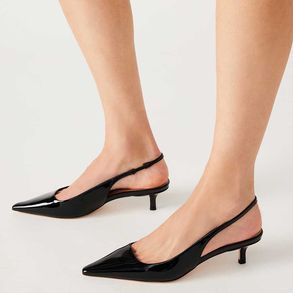 Black Patent Leather Pointed Toe Kitten Heel Formal  Slingback Pumps Nicepairs