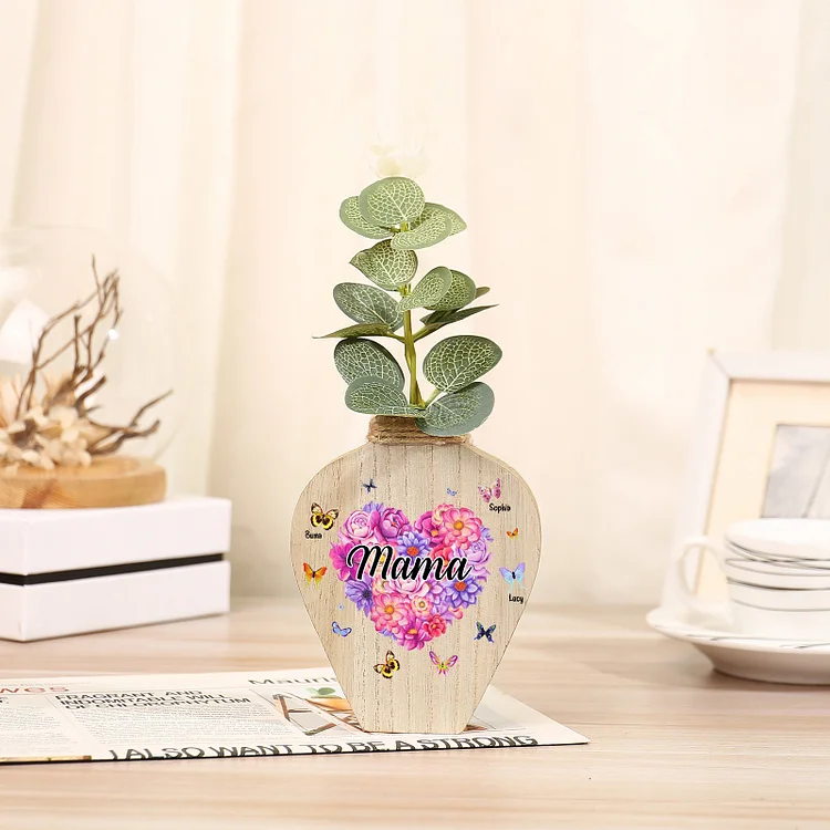 Kettenmachen Holz Personalisierter 3 Namen & Text Blumen Herz Vase