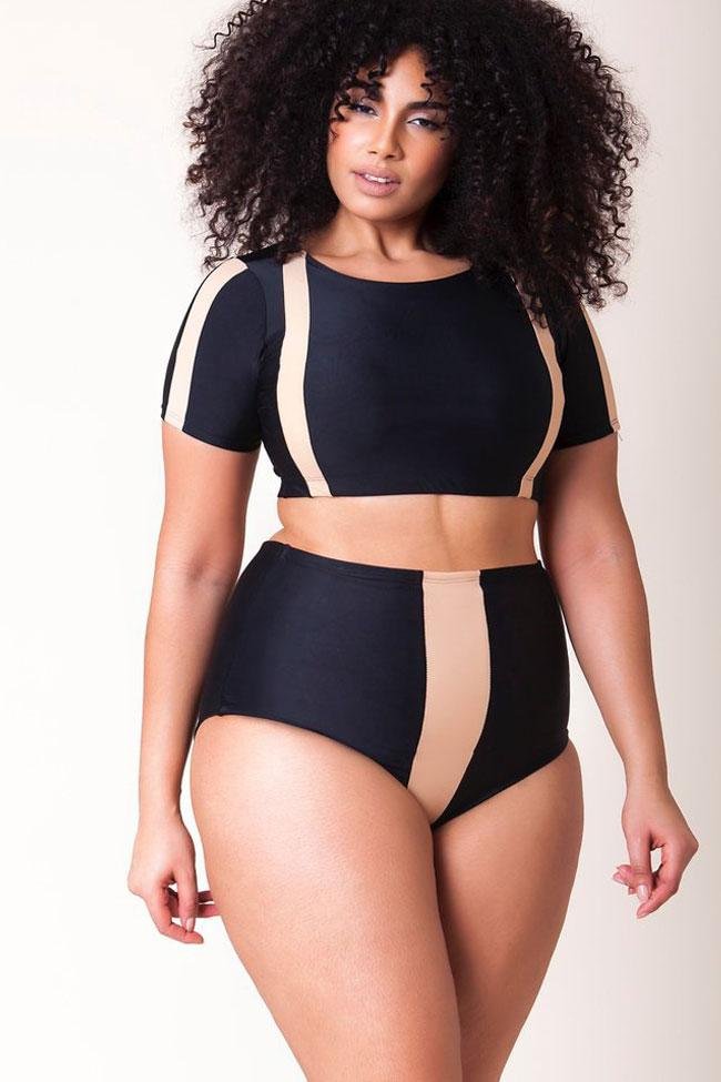 Plus Size Contrast High Waisted Sleeved Crop Bikini Swimsuit - Two Piece Set-elleschic
