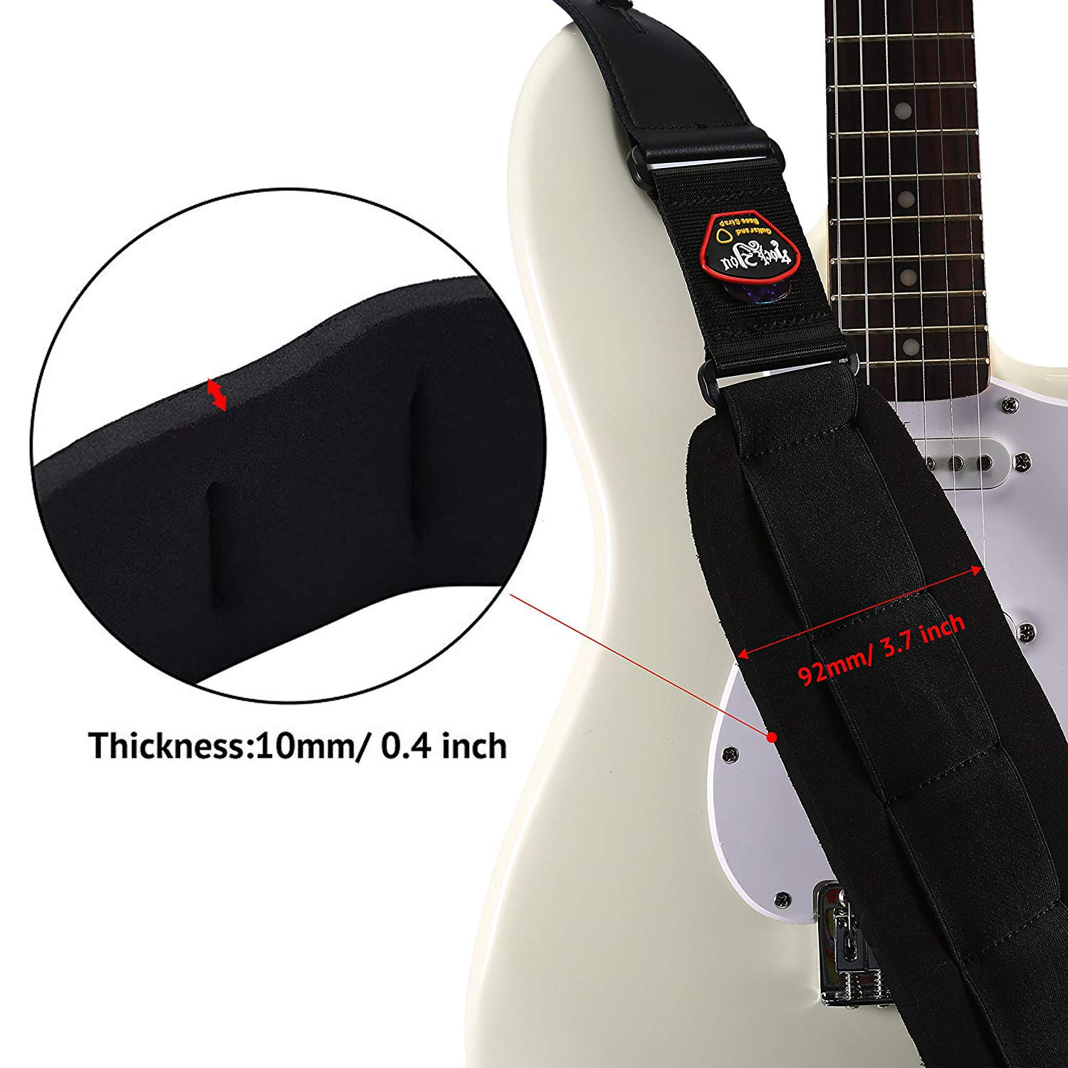 Updated-Long Asmuse Bass Strap Padded Guitar Strap with Leather Ends and 3.7 inch Wide Neoprene SBR Memory Foam plus Inside Pick Holder for Heavy Bass and Guitars Adjustable Length from 47’’ to 60’’ 