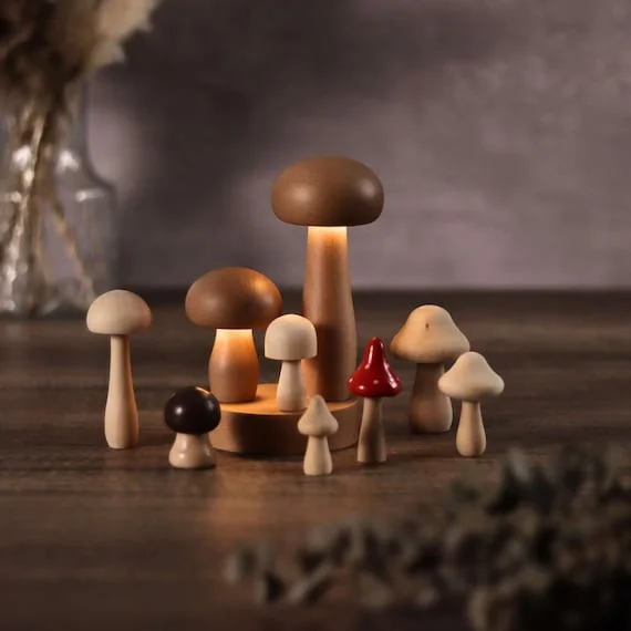 Harmonious Gemini Wooden Mushroom Lamp