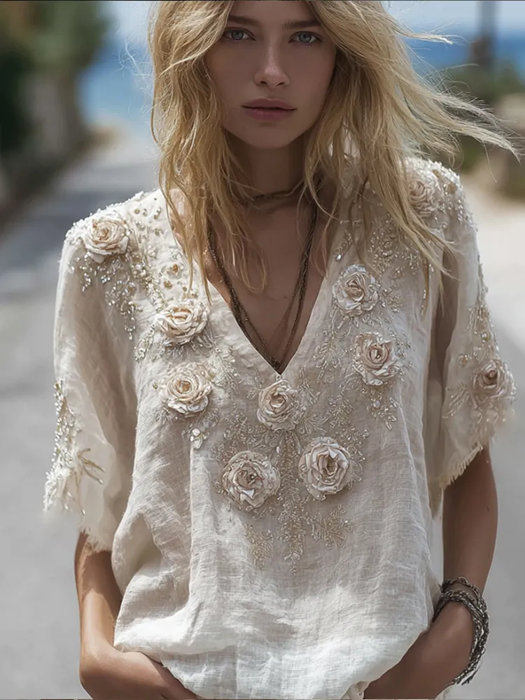 Bohemian-style White Rose Short-sleeved Shirt
