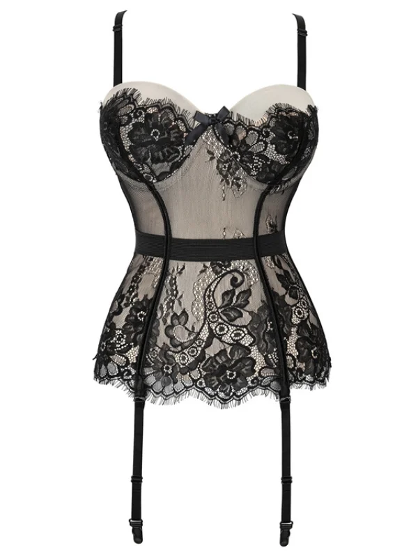 Elegant Color Block Lace Paneled Adjustable Shoulder Girdle Corset with Garters