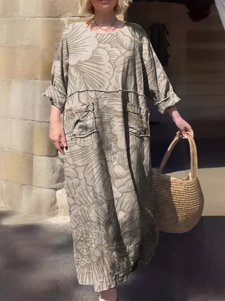 Women's Round Neck Solid Color Print Three-quarter Sleeve Pocket Cotton Dress