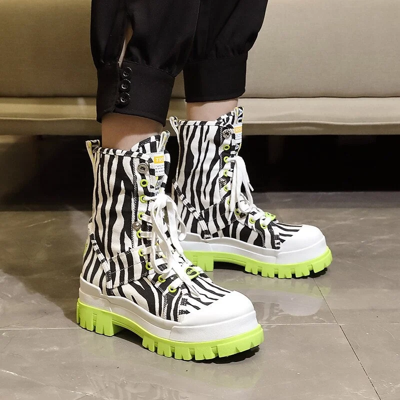 Women's Mid Calf Boots Lace-Up Flat Platform Thick Bottom Female Shoes Graffiti Casual Canvas Round Toe Women's Mid Calf Boots