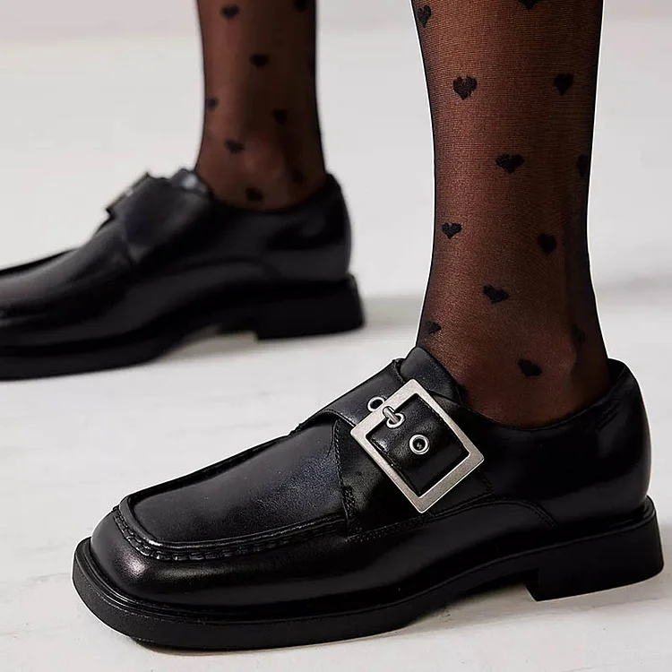 Black Square Toe Block Heel Shoes Women's Vintage Buckle Loafers |FSJ Shoes