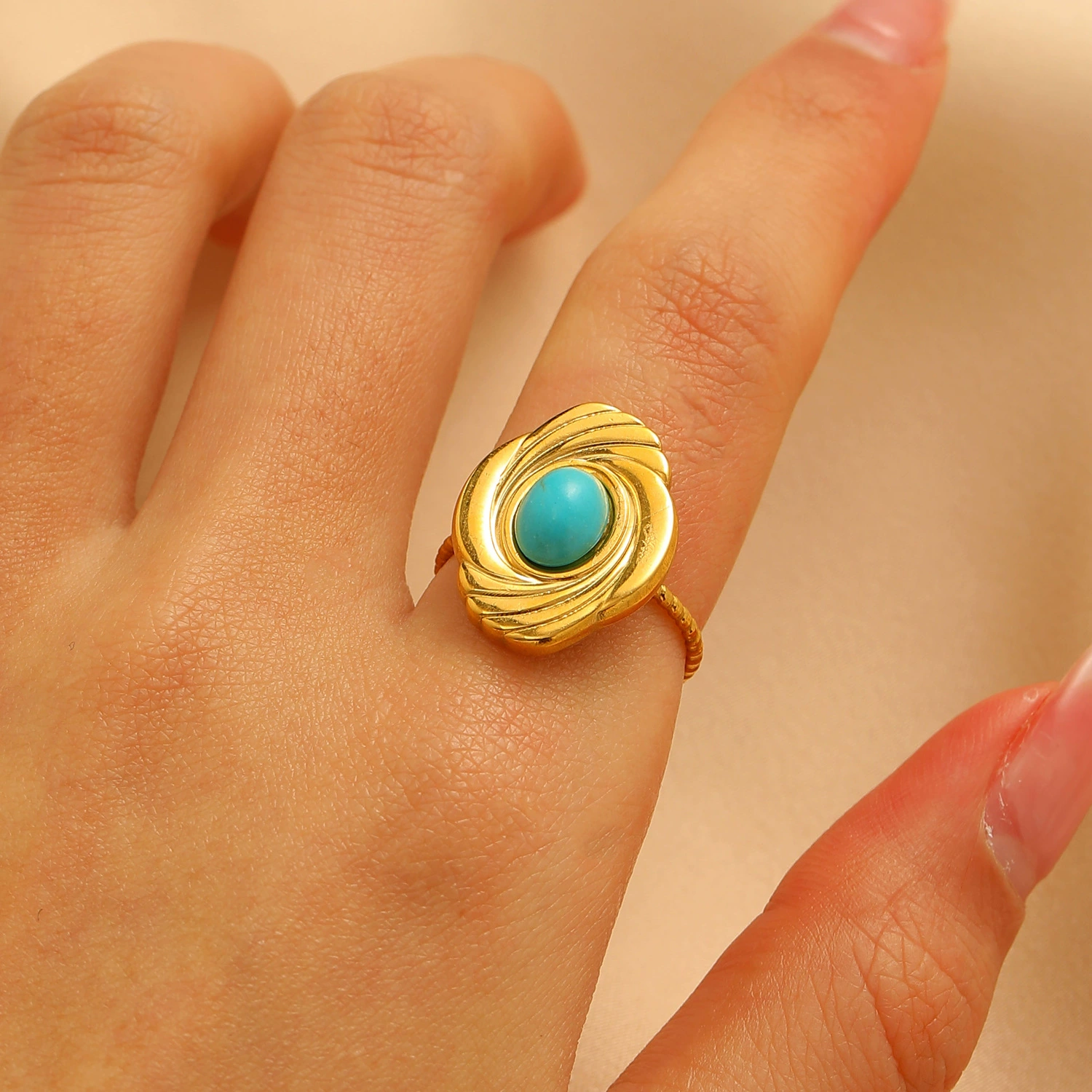 Turquoise/Tiger Eye Gold-Plated Open End Ring