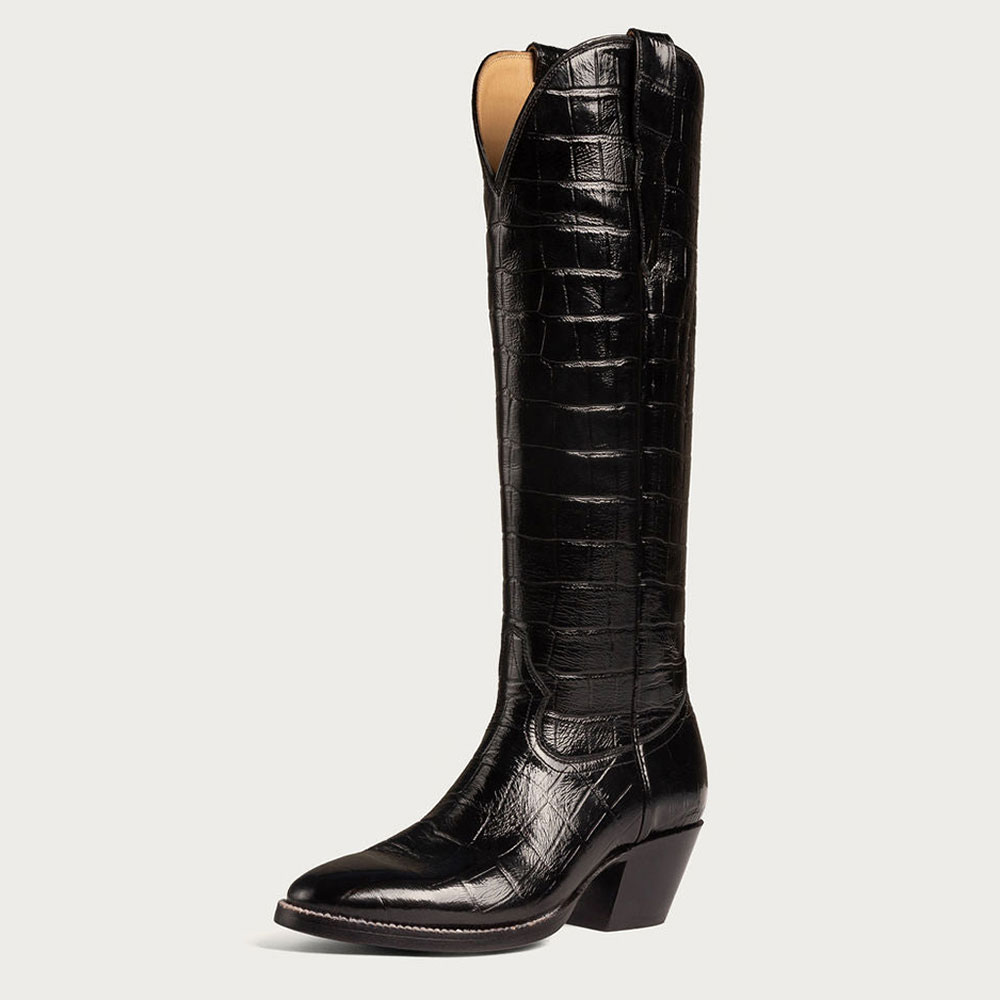 Black Crocodile Embossed Round Toe Chunky Heel Knee-High Cowgirl Boots Nicepairs