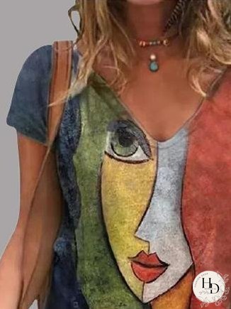 Abstract Character Print V-neck Short Sleeve T-Shirts
