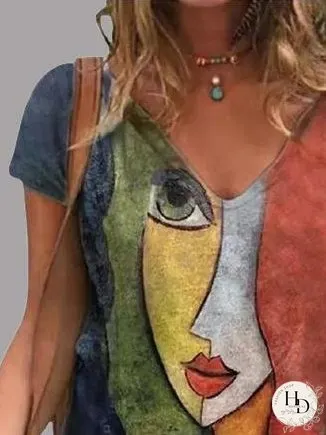 Abstract Character Print V-neck Short Sleeve T-Shirts