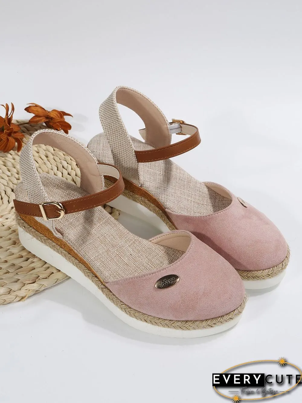 Women Color Block Summer Vacation Braided Non-Slip Block Heel Espadrille Sandals Adjustable Buckle EVA Wedges&Flatform