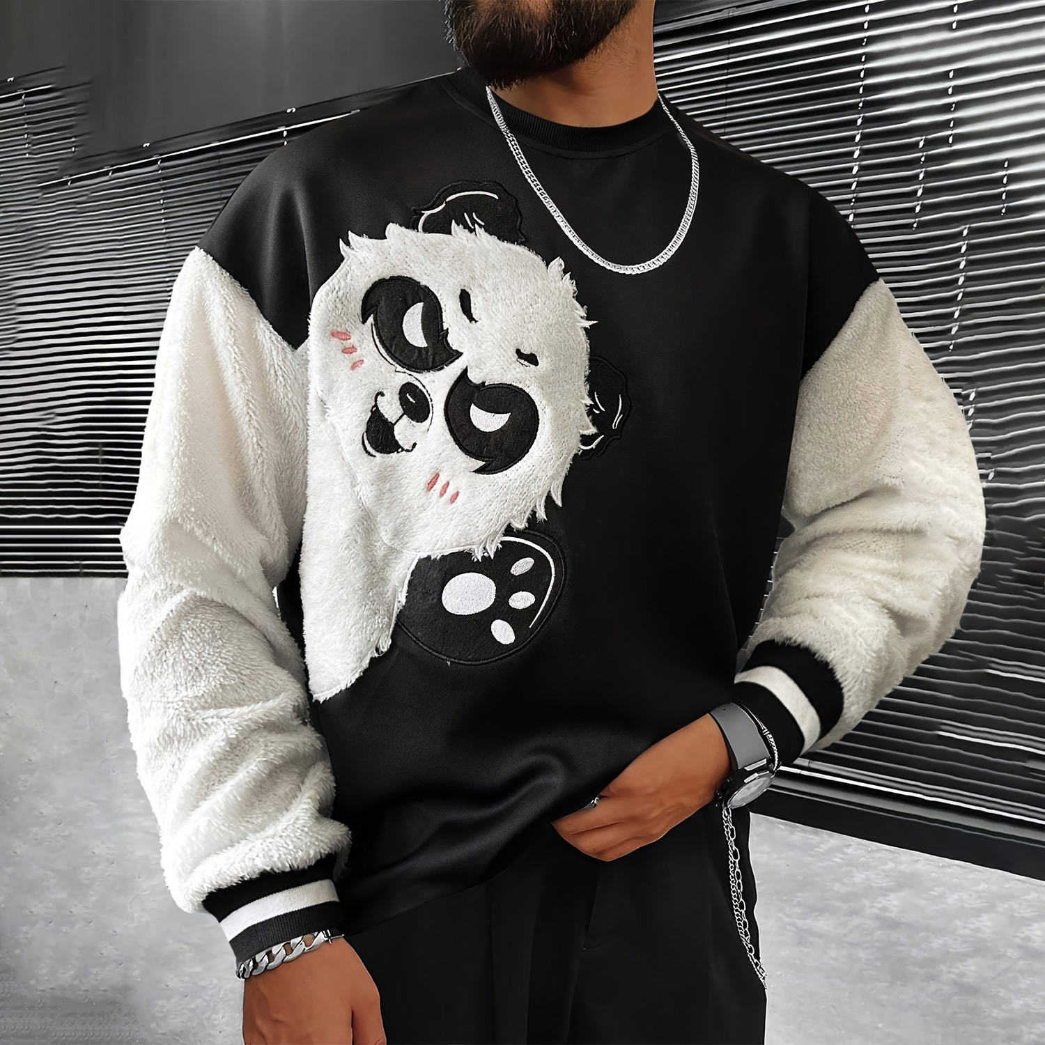 Street Color Contrast Panda Pattern Sweatshirt