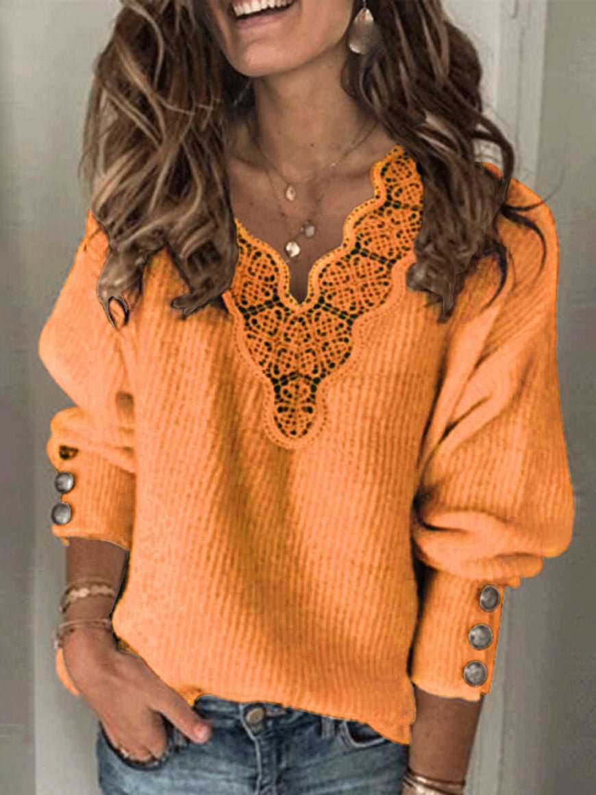 Women's Casual Solid Shift Floral Guipure Lace V Neck Buttons On Sleeve Sweaters