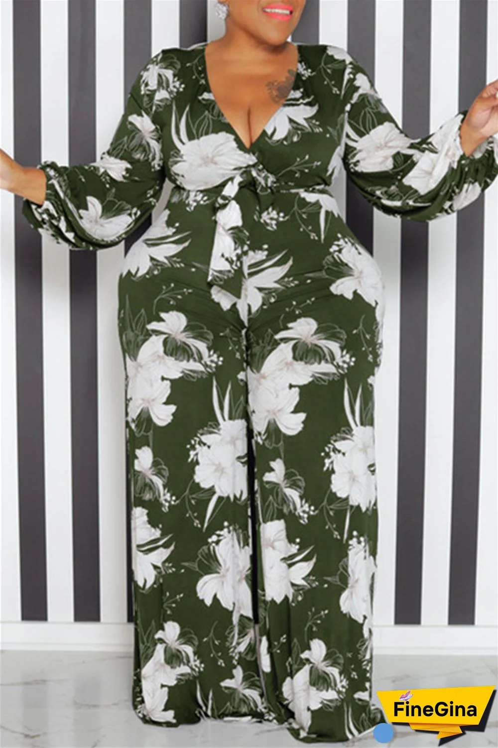 Yellow Casual Print Patchwork V Neck Plus Size Jumpsuits