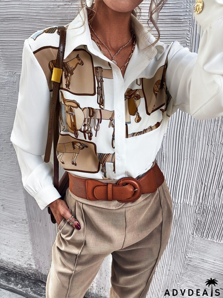 Button Front Horse Print Blouse