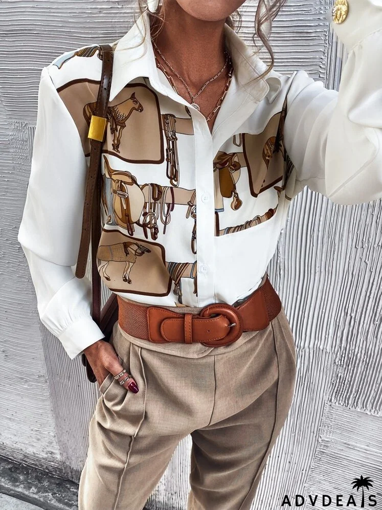 Button Front Horse Print Blouse