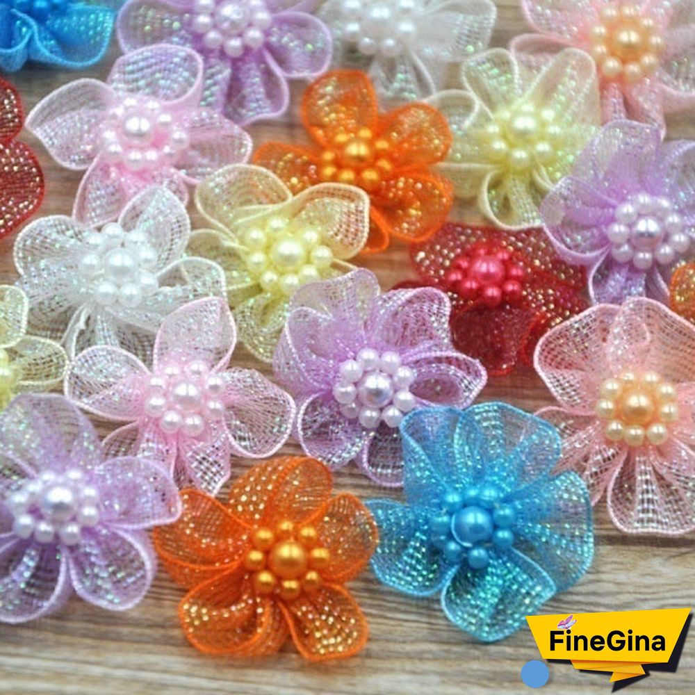 Hot 20Pcs Organza Ribbon Flowers Bows With Beads Appliques Wedding Craft DIY Christmas/Wedding Decoration