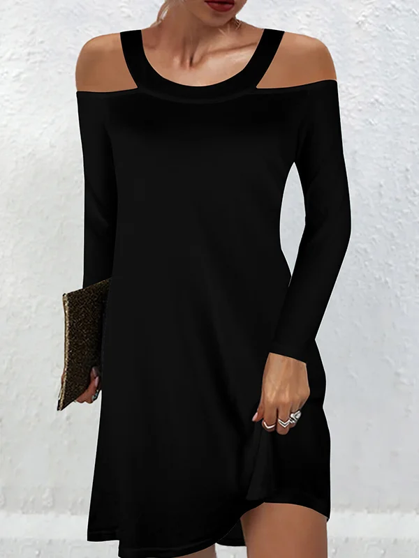 Hollow Solid Color A-Line Long Sleeves Cold Shoulder Mini Dresses